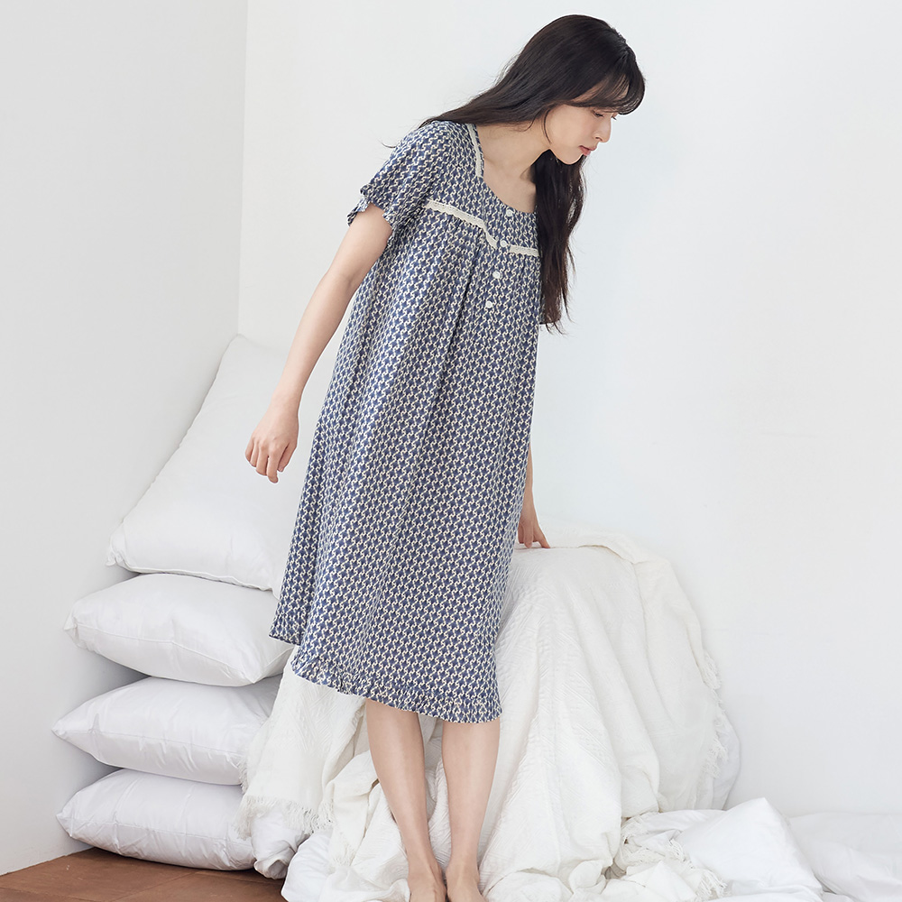 엔틱블루 스퀘어 순면 여성 반팔 빅사이즈 원피스 잠옷 이미지 6