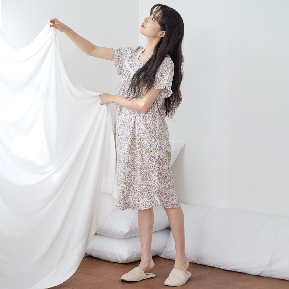 보라잔꽃 스퀘어 순면 여성 반팔 빅사이즈 원피스 잠옷 - 상세 이미지 5