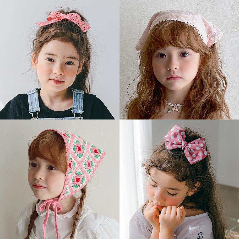 러블리 무드 핑크 컬러 헤어 악세서리 모음 헤어핀 헤드커치프 스크런치 똑딱핀 머리띠 - 상품 이미지