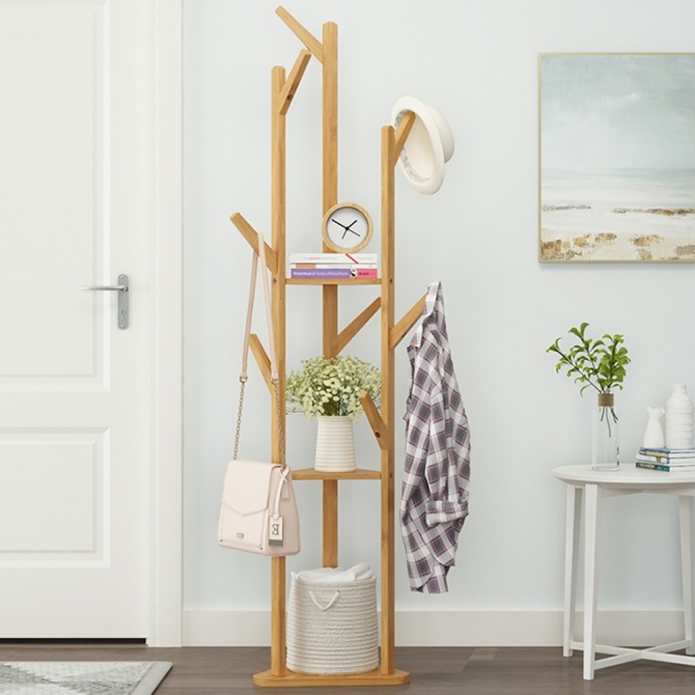 뱀부 우드 트리플 옷걸이 행거 수납 선반 원룸 현관 거실 대나무 원목행거 스탠드