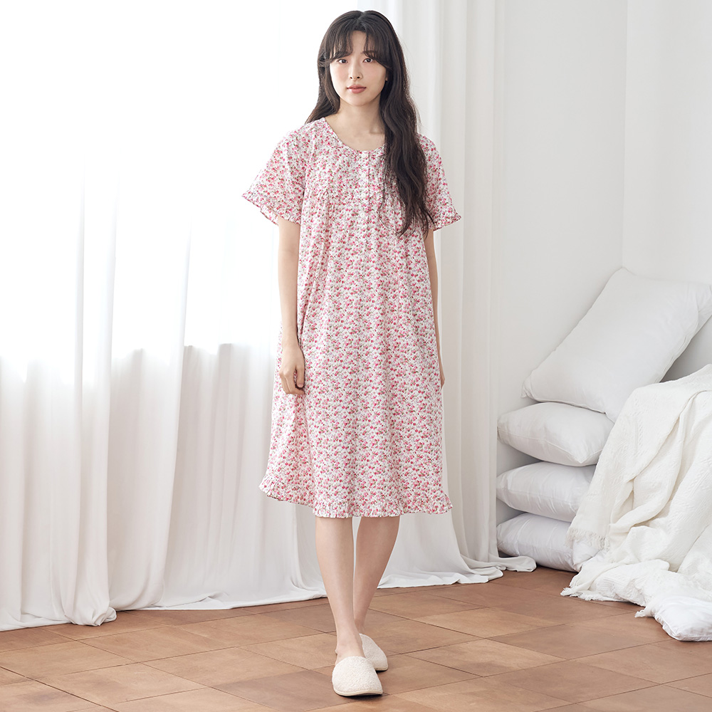 빨간잔꽃 순면 여성 반팔 빅사이즈 원피스 잠옷 - 상세 이미지 4
