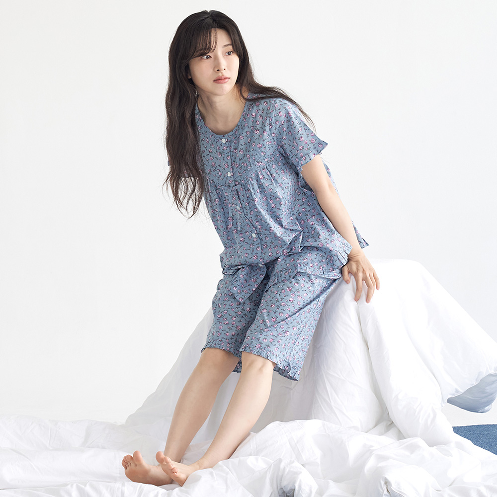 진한블루꽃 순면 여성 반팔 빅사이즈 잠옷 세트 이미지 6
