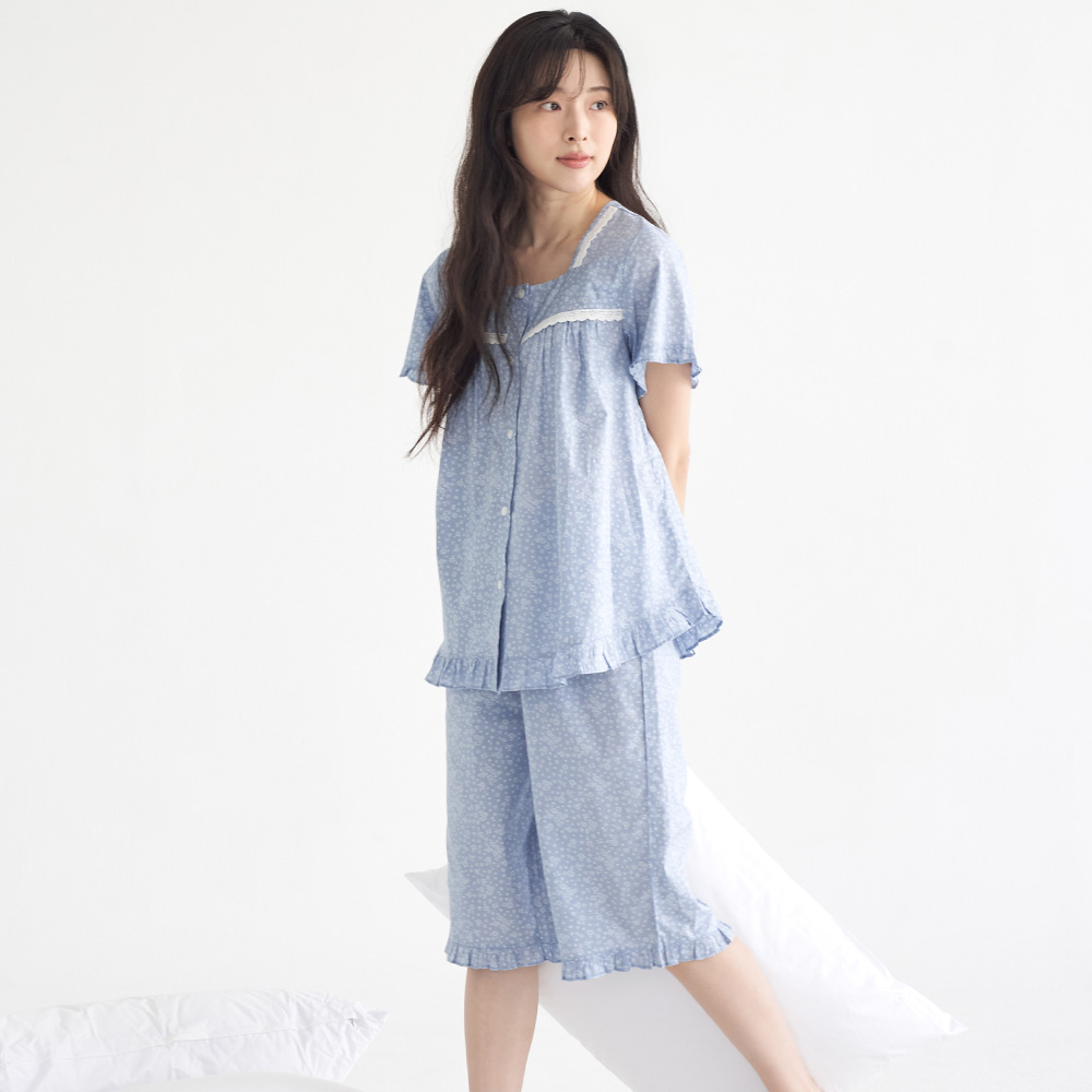 블루퓨어 스퀘어 순면 여성 반팔 빅사이즈 잠옷 세트 - 상세 이미지 3