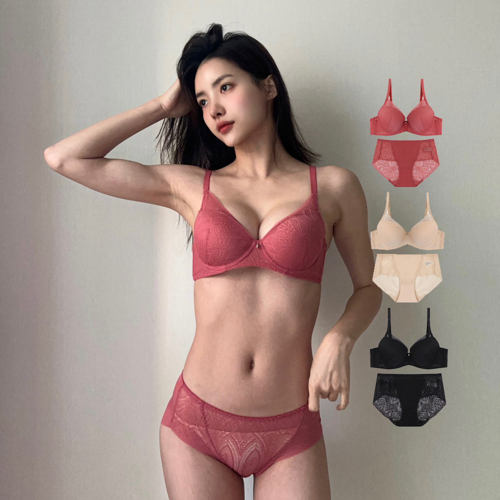 [브라3종+팬티3종] 여자 속옷 노라인 모던 레이스 몰드 브라 팬티 / 헴팬티 추가 구성