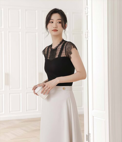 스판 레이스 시스루 레이어드 캡소매 이너나시 블라우스 - 상세 이미지 3