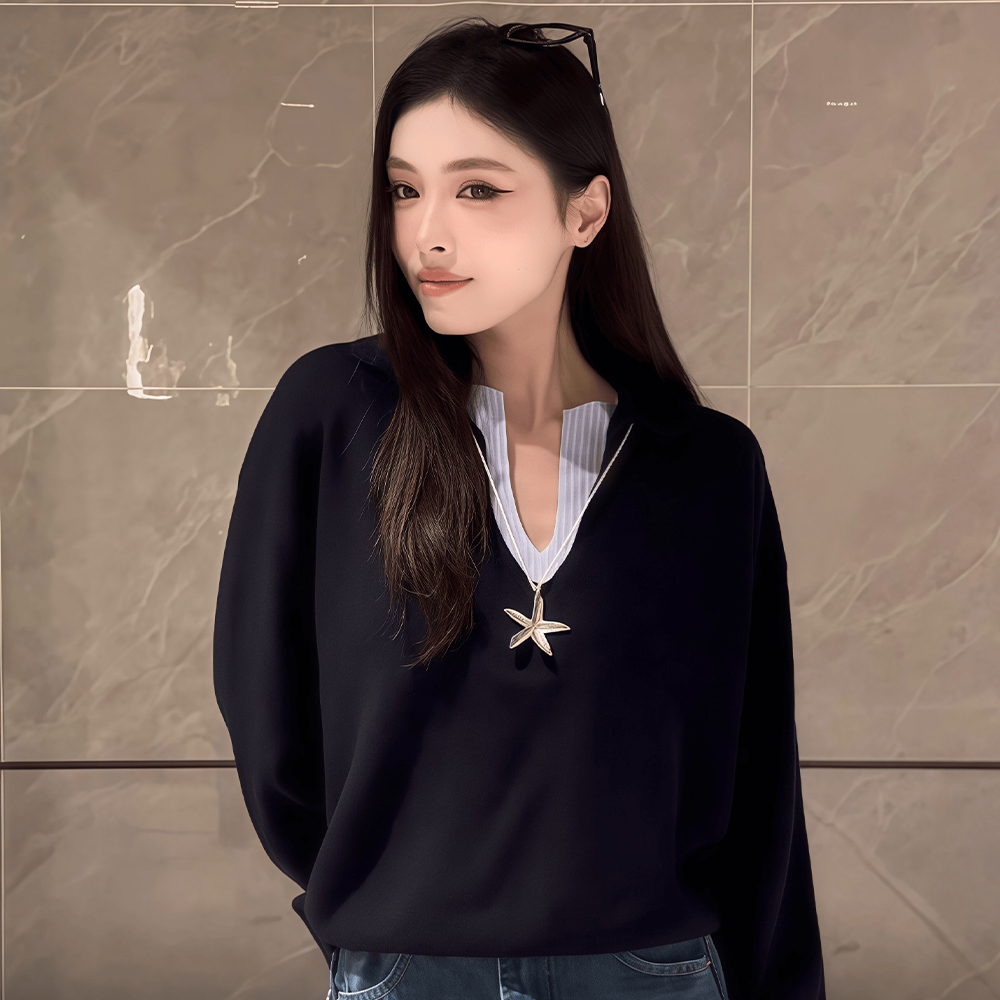 봄 브이넥 여성니트티 슬림핏 레이어드 스트라이프 니트셔츠 - 메인 이미지