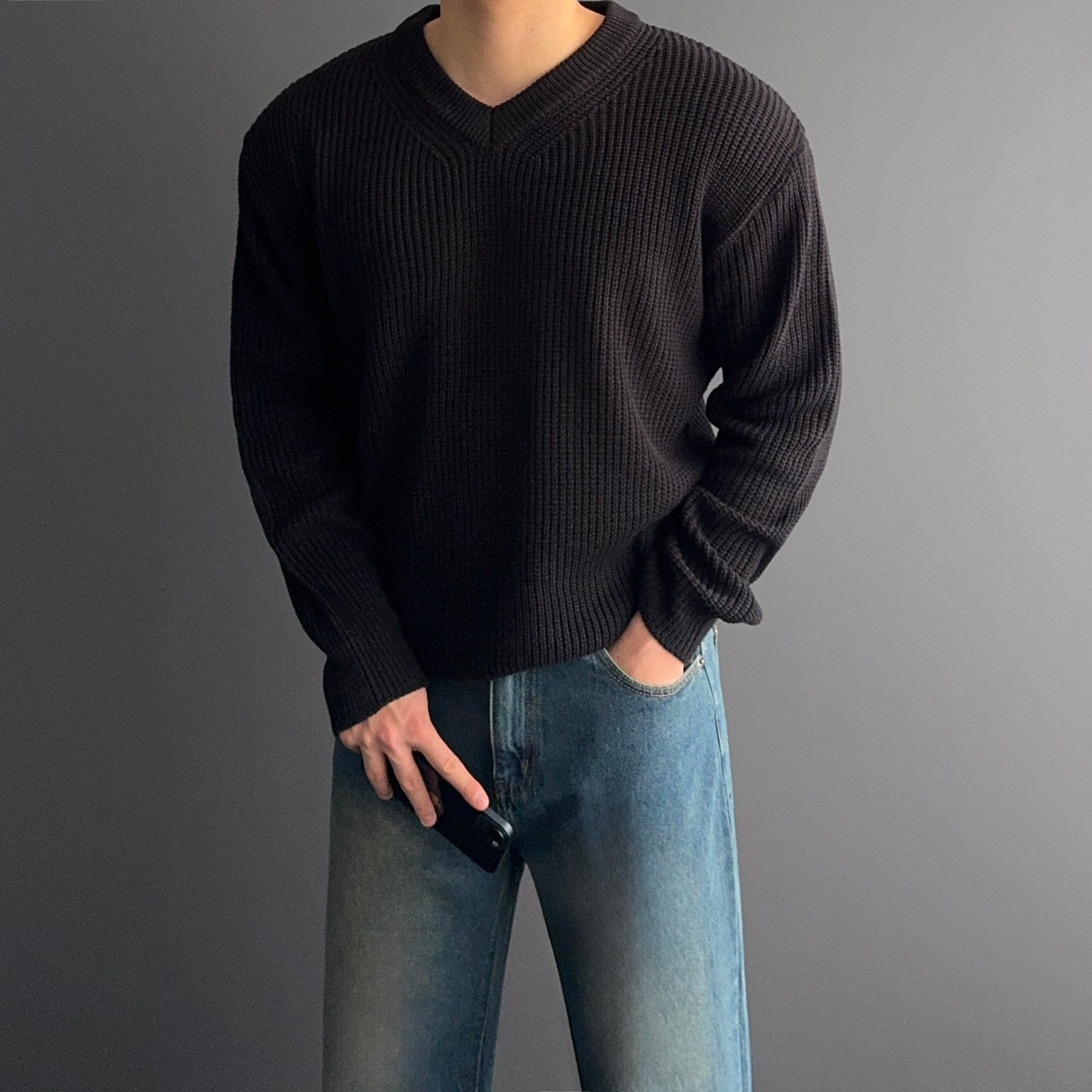 1+1 남자브이넥니트 와플니트 남성루즈핏니트 - 상세 이미지 3