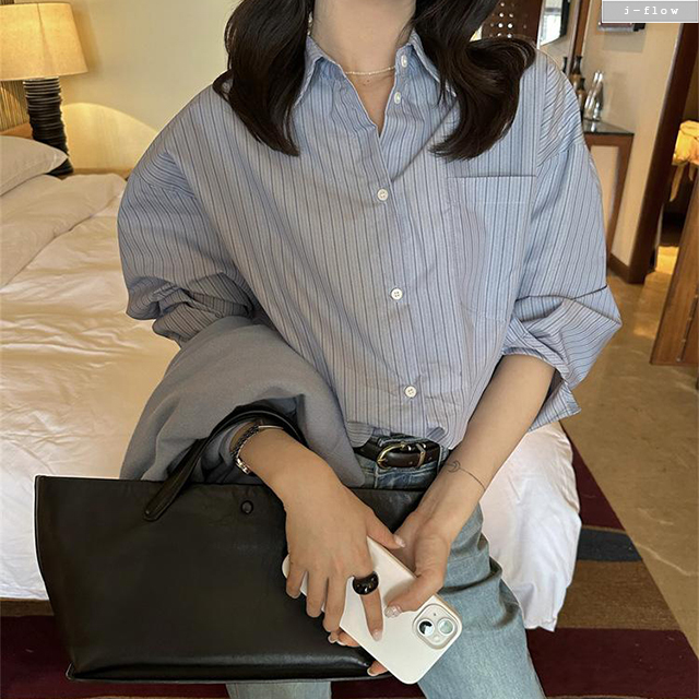 포션 잔스트라이프 카라넥 오버핏 하프 셔츠 2col 봄 가을 루즈핏 박시 코튼 제이플로우 - 상세 이미지 5