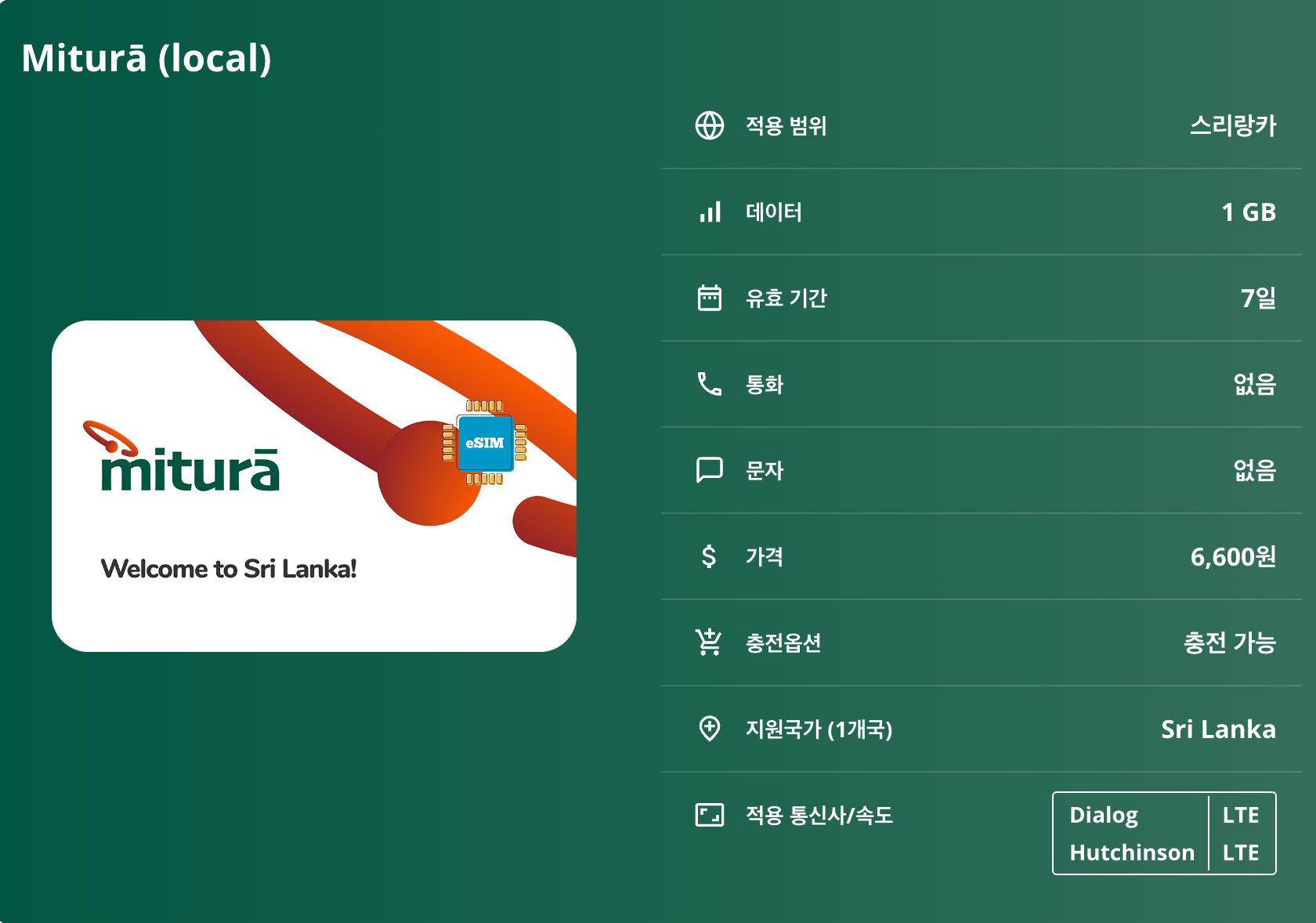 스리랑카 로컬망 이심 eSIM Dialog Hutchinson LTE 콜롬보 캔디 갈레 누와라 엘리야 시기리야 야라 국립공원 아누라다푸라 미리사 이심통 - 상세 이미지 5
