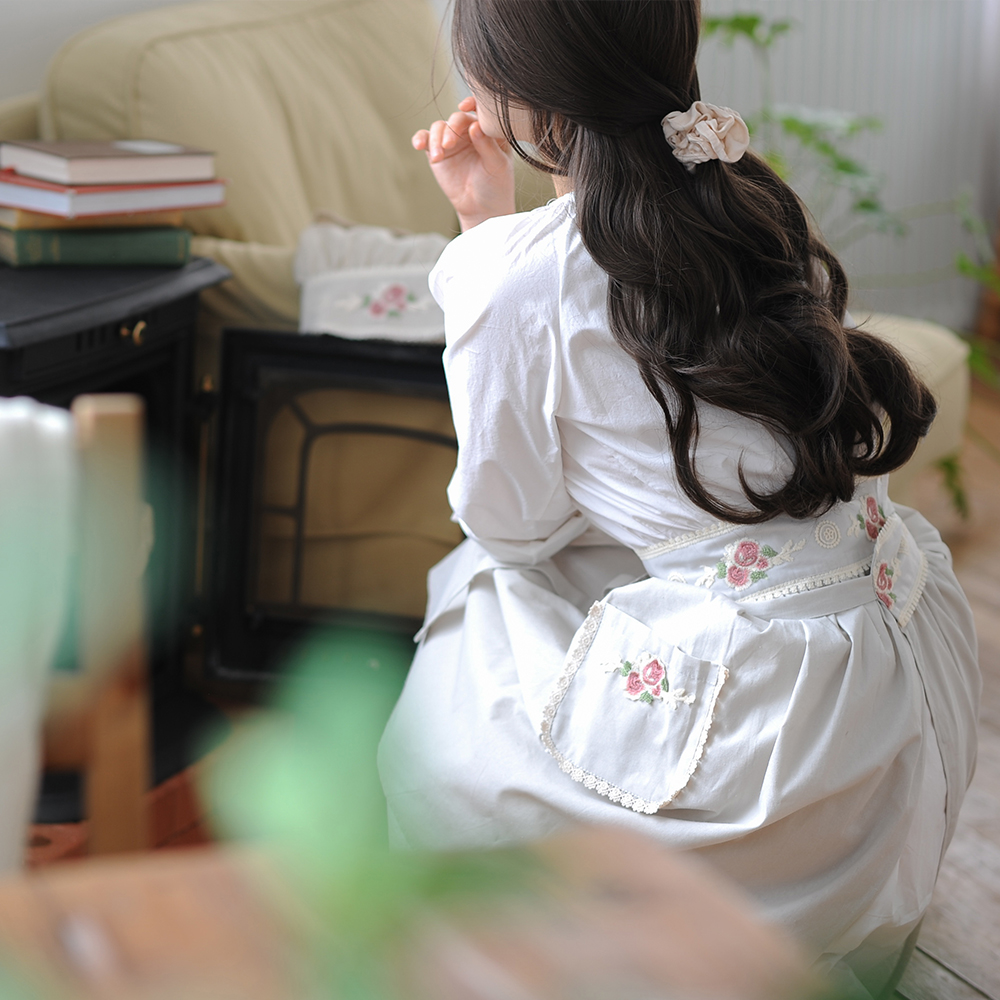 자수 하프앞치마 허리 짧은 반 프릴 앞치마