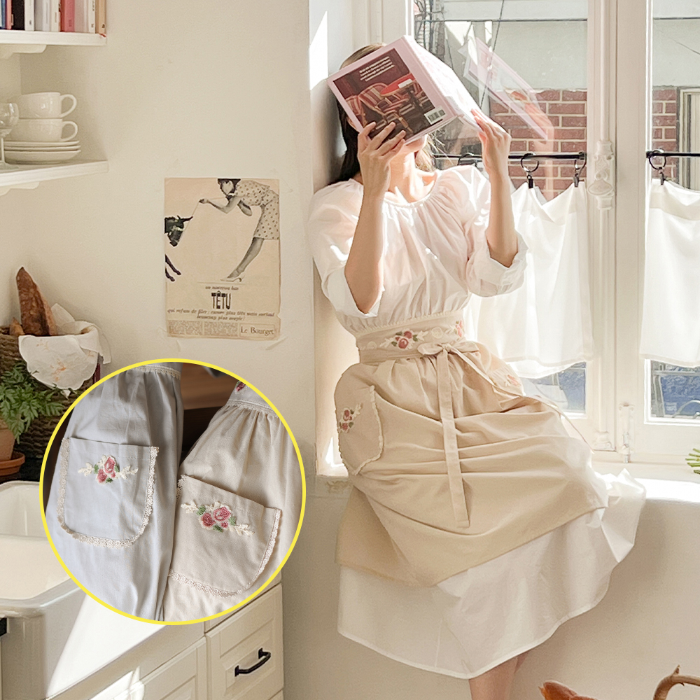 자수 하프앞치마 허리 짧은 반 프릴 앞치마