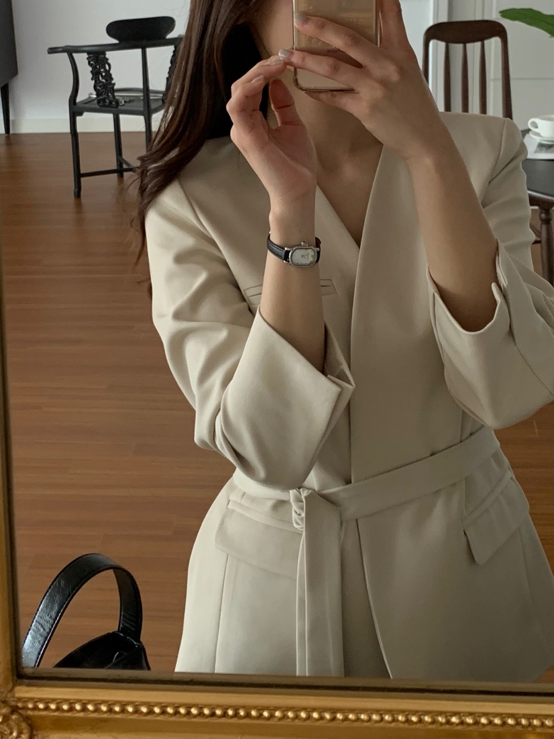 [타이set/하객룩] 워커 루즈핏 브이넥 노카라 타이 자켓 3color (결혼식하객룩/ 봄자켓/ 출근룩/ 노카라벨트자켓/봄/ 봄자켓) 상세 이미지 8