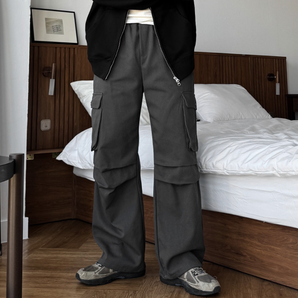 남자 사세 봄 가을 포켓 핀턱 파라슈트 밴딩 와이드 카고팬츠 - 상품 이미지