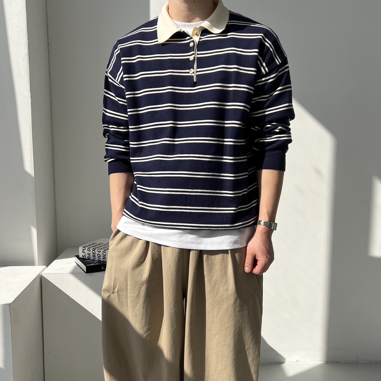 남자스트라이프니트 남자오버핏니트 카라스웨터