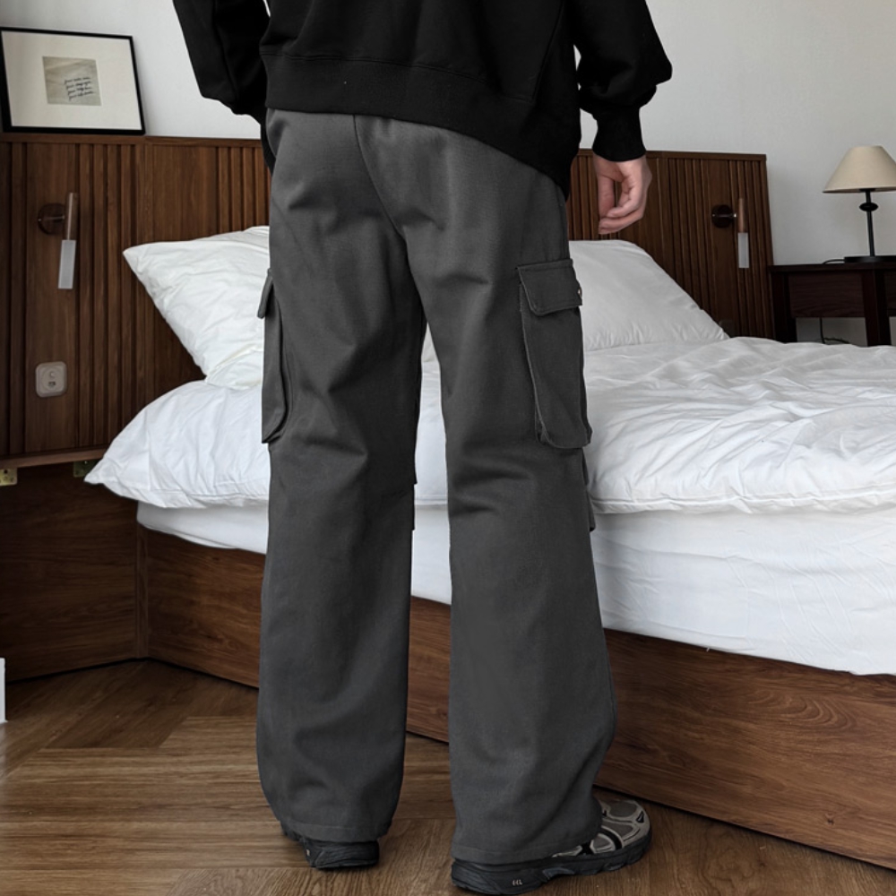 남자 사세 봄 가을 포켓 핀턱 파라슈트 밴딩 와이드 카고팬츠 - 상세 이미지 4