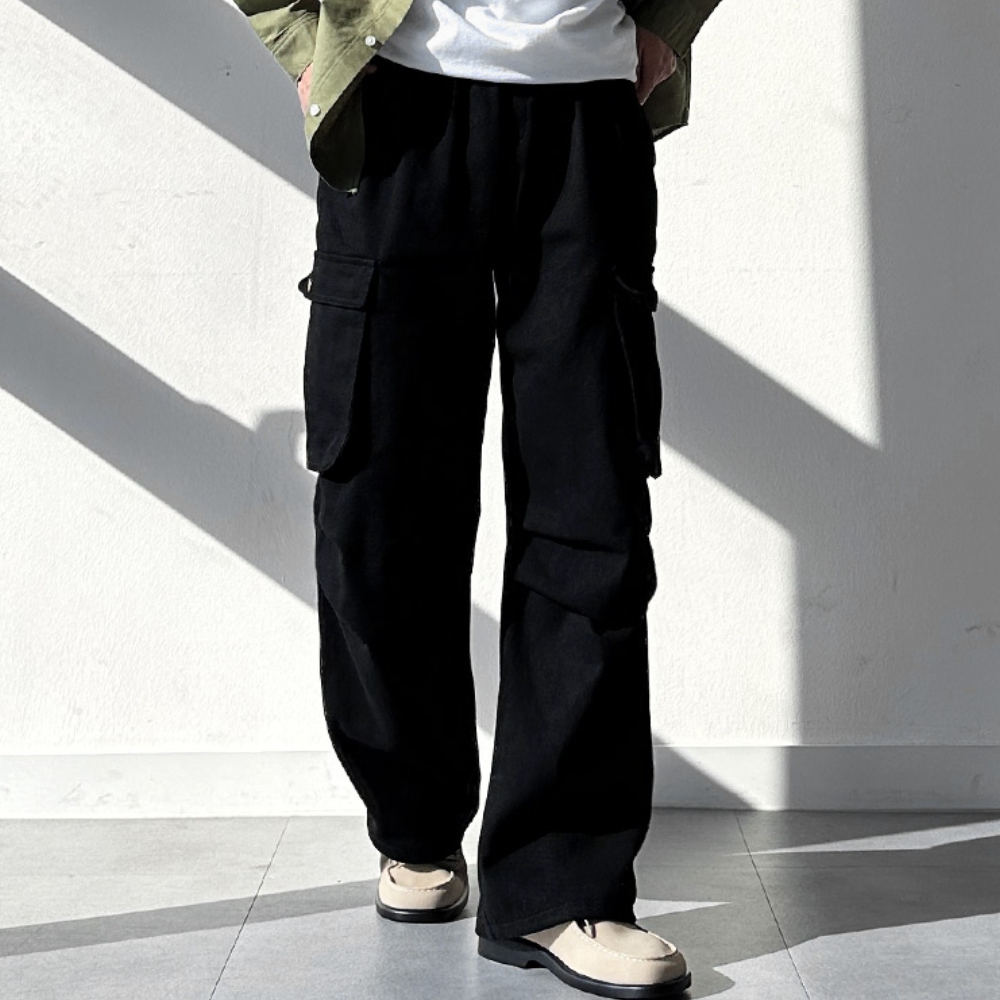 남자 사세 봄 가을 포켓 핀턱 파라슈트 밴딩 와이드 카고팬츠 - 상세 이미지 5