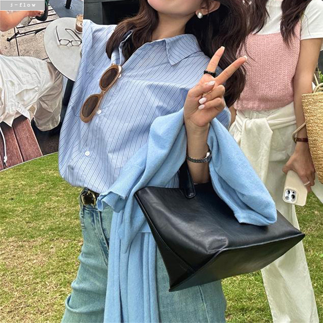 포션 잔스트라이프 카라넥 오버핏 하프 셔츠 2col 봄 가을 루즈핏 박시 코튼 제이플로우 이미지 8
