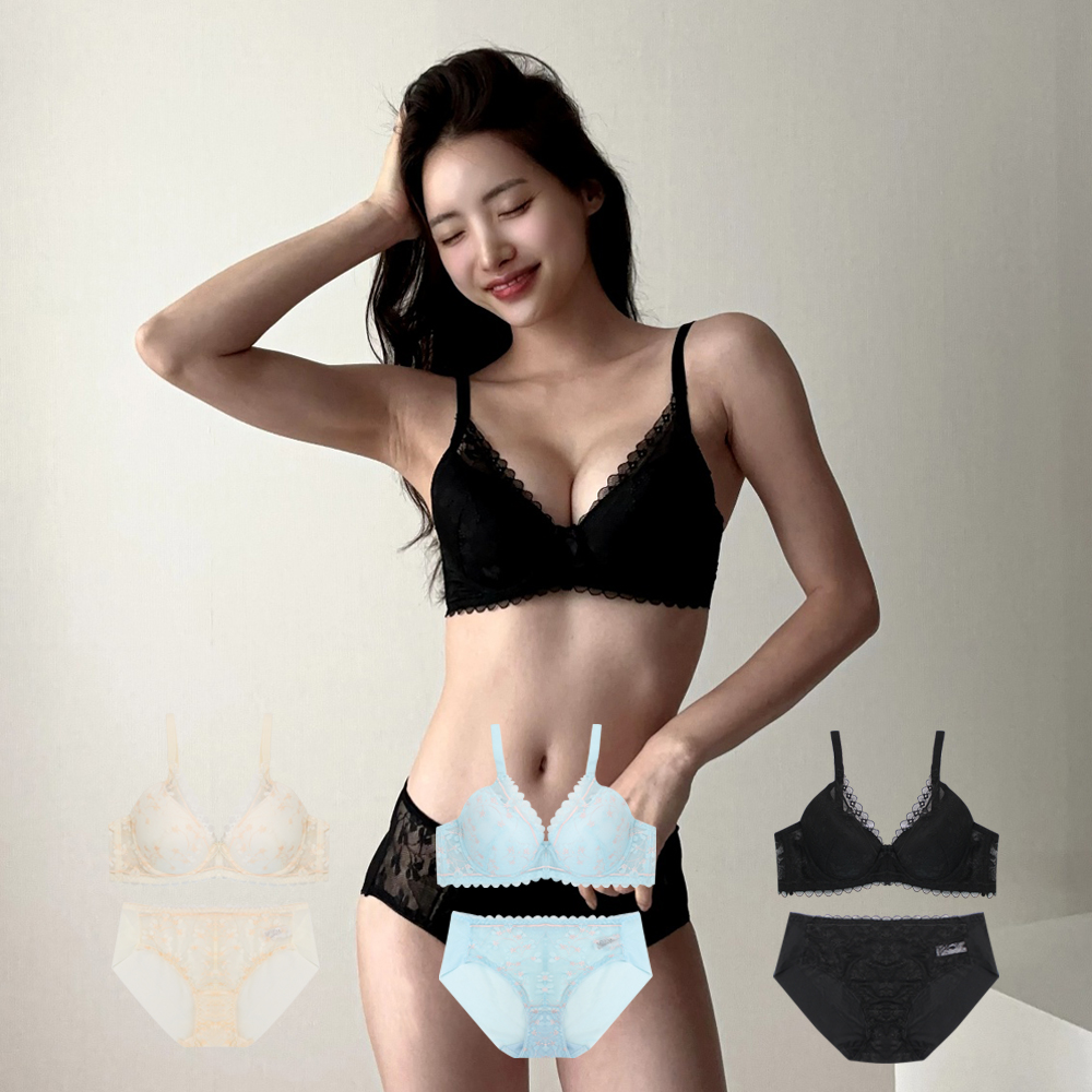 [브라1+팬티1] 프리지아 레이스 매직 볼륨 브라 팬티 세트 / 헴팬티 추가 구성