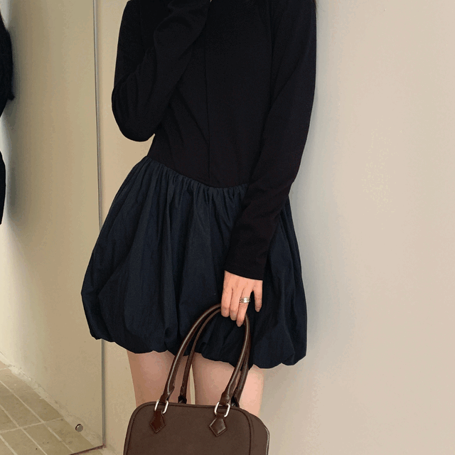 아펠 라운드넥 벌룬 데일리 레이어드 하객룩 미니 원피스 - 상품 이미지