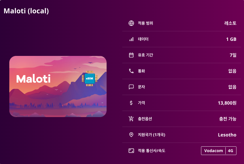 레소토 로컬망 이심 eSIM Vodacom 마세루 부타부테 카트세 댐 세모콩 폭포 아프로 스키 이심통 - 상세 이미지 5