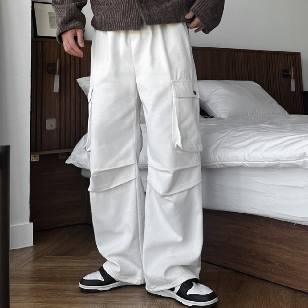 남자 사세 봄 가을 포켓 핀턱 파라슈트 밴딩 와이드 카고팬츠 - 상세 이미지 3