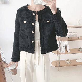 정장아우터 간절기 트위드 자켓 그런지룩 파스텔컬러 데일리재킷 페미닌 기본, 블랙, FREE(One size)