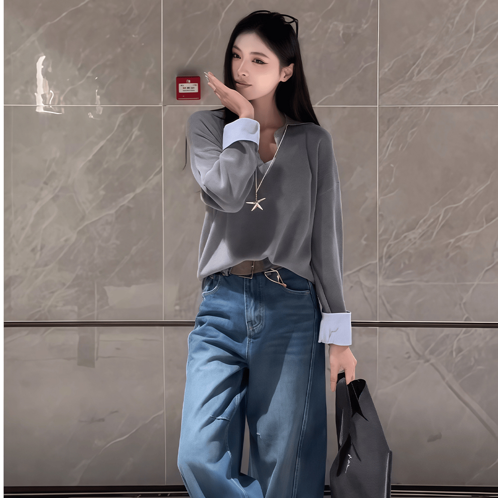 봄 브이넥 여성니트티 슬림핏 레이어드 스트라이프 니트셔츠 - 상세 이미지 3