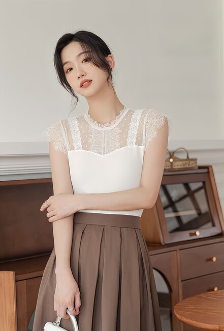스판 레이스 시스루 레이어드 캡소매 이너나시 블라우스 - 상세 이미지 4