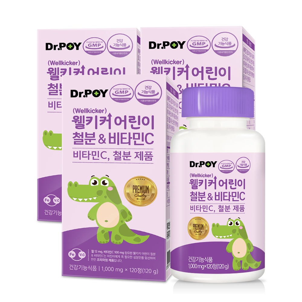 (6개월분) 닥터포이 웰키커 어린이 철분 & 비타민C 츄어블 철분제 1000mg x 120정, 3개