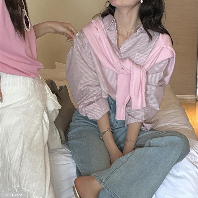 포션 잔스트라이프 카라넥 오버핏 하프 셔츠 2col 봄 가을 루즈핏 박시 코튼 제이플로우 - 상세 이미지 2