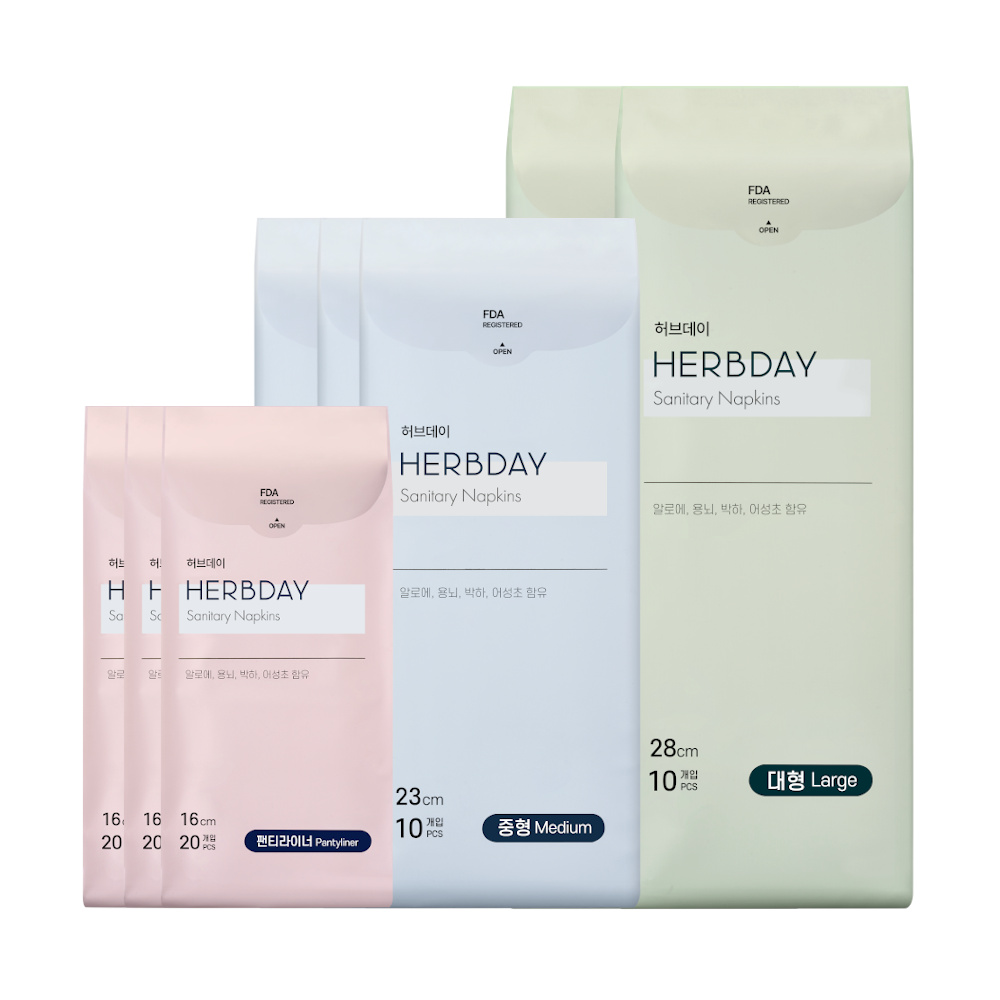 허브데이 생리대 대형 2팩+중형 3팩+팬티라이너 3팩 (110p)