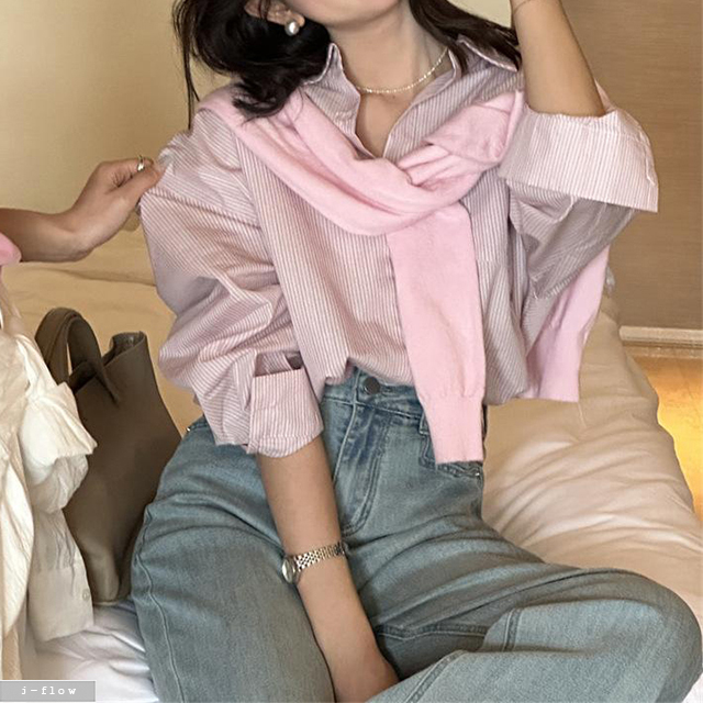 포션 잔스트라이프 카라넥 오버핏 하프 셔츠 2col 봄 가을 루즈핏 박시 코튼 제이플로우 이미지 6