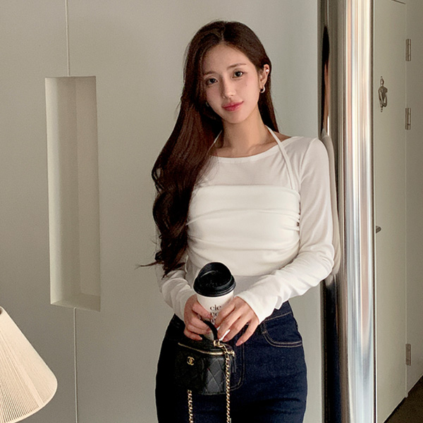 마이릿 드레이프 홀터넥 뷔스티에 레이어드 긴팔 티셔츠 ts4373 - 상품 이미지