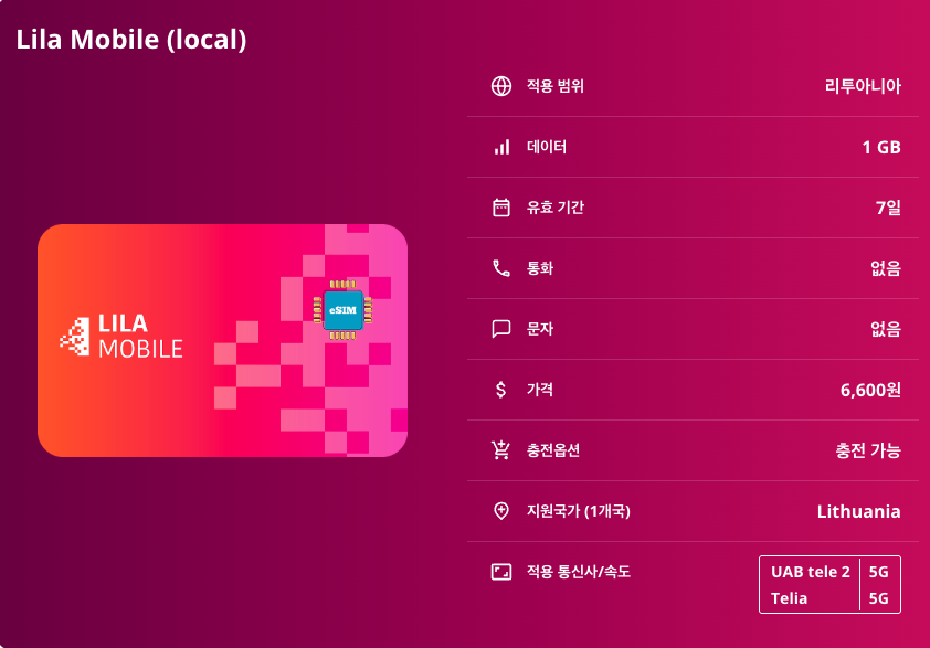 리투아니아 로컬망 이심 eSIM UAB tele 2, Telia 5G 빌뉴스 카우나스 클라이페다 트라카이 성 십자가 언덕 쿠르슈네리야 국립공원 이심통 - 상세 이미지 5
