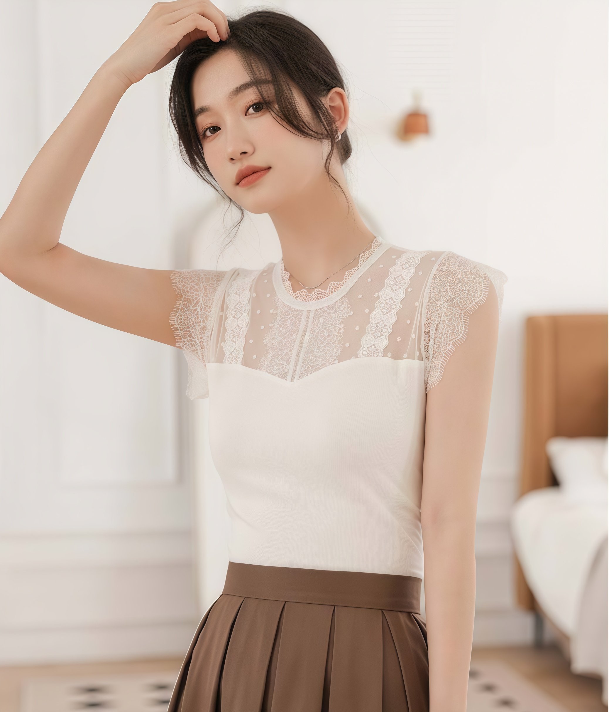 스판 레이스 시스루 레이어드 캡소매 이너나시 블라우스 - 상세 이미지 2