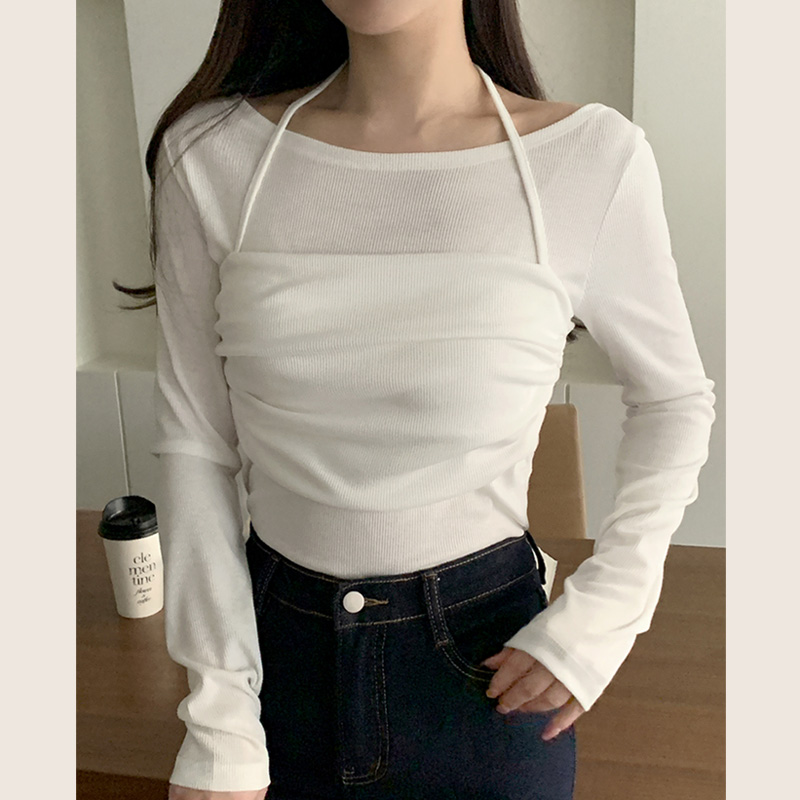 마이릿 드레이프 홀터넥 뷔스티에 레이어드 긴팔 티셔츠 ts4373 - 상세 이미지 3