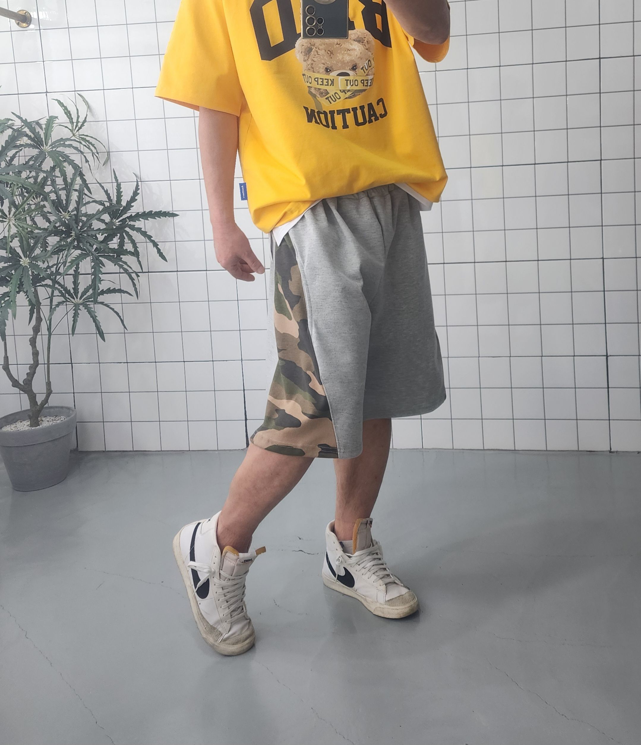 이중지 카모 배색 남자 여자 와이드 반바지 - 상세 이미지 3