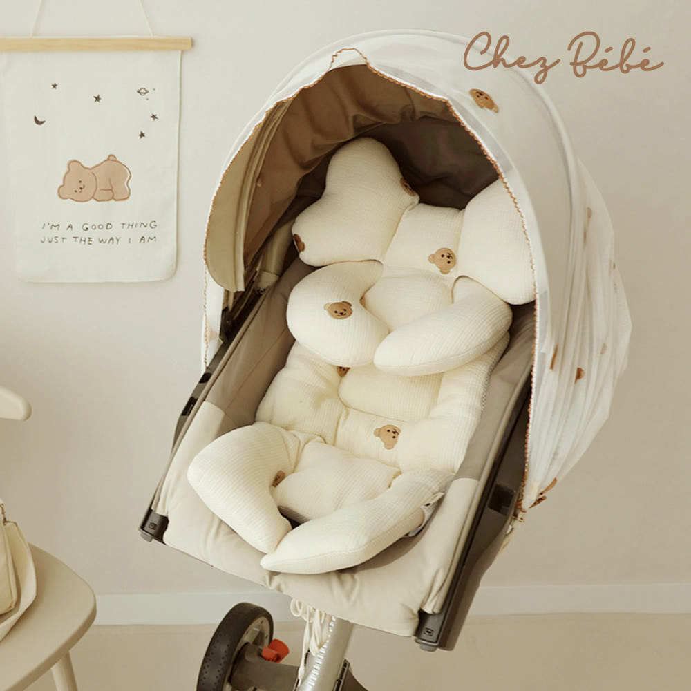 유모차 라이너 신생아 이너 통풍 시트 유모차 쿠션 패드 목베개 세트 자수 쉐고미