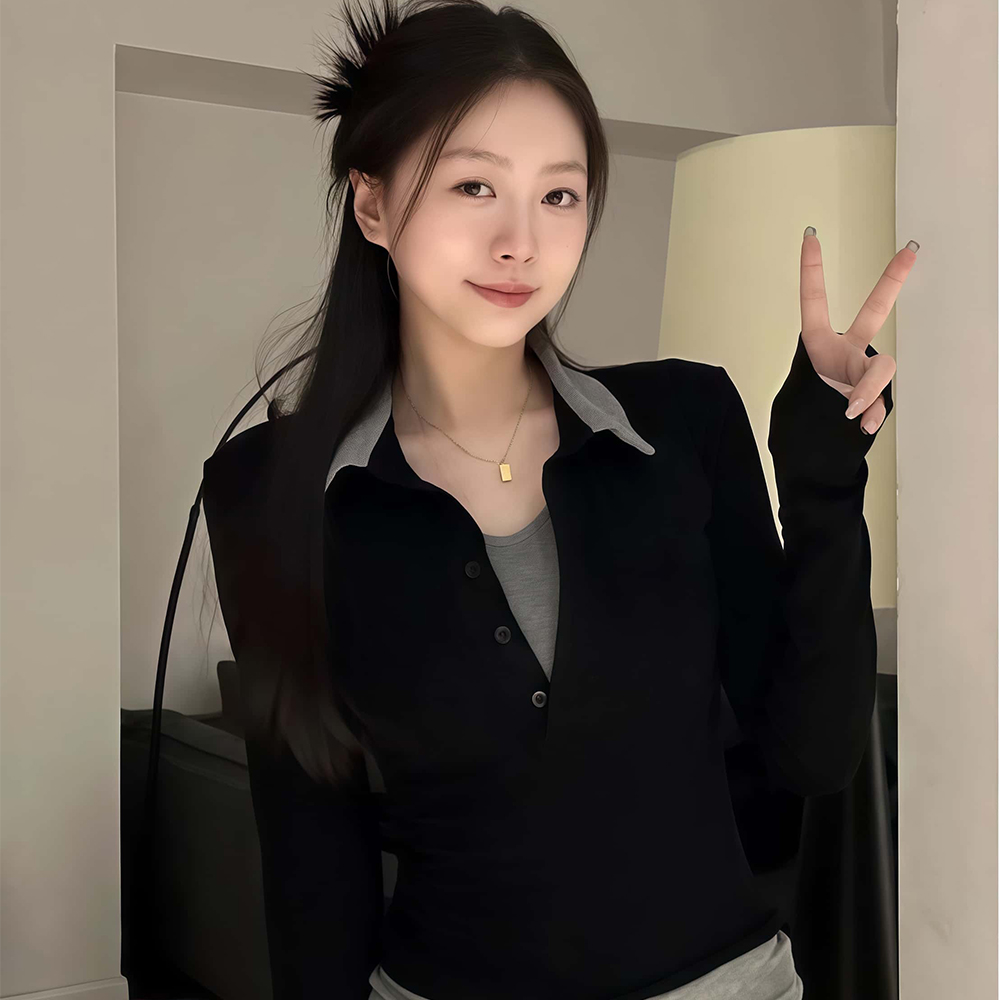 봄 여성 긴팔니트티 레이어드룩 브이넥 슬림핏 긴팔티셔츠 - 메인 이미지