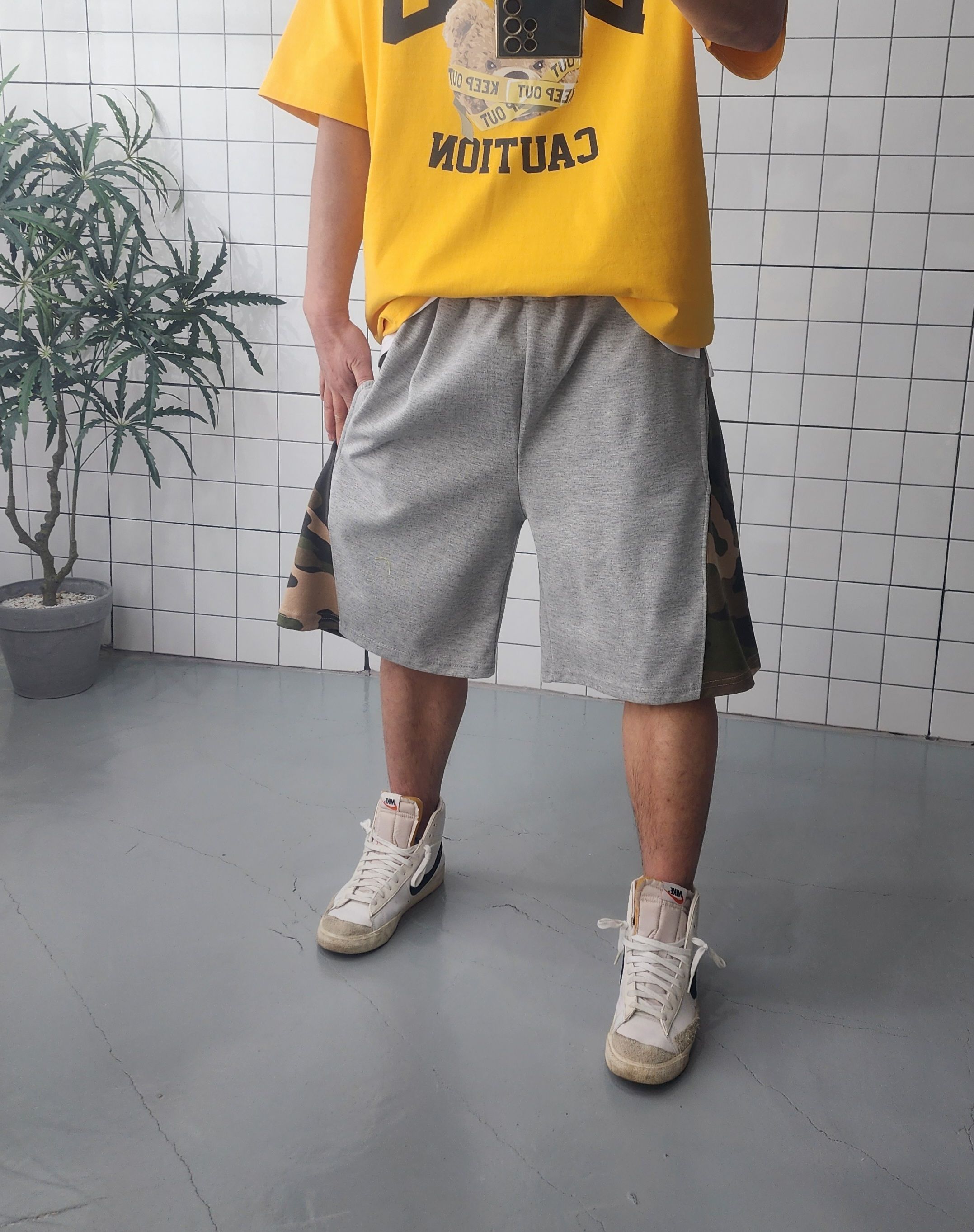 이중지 카모 배색 남자 여자 와이드 반바지 - 상세 이미지 2