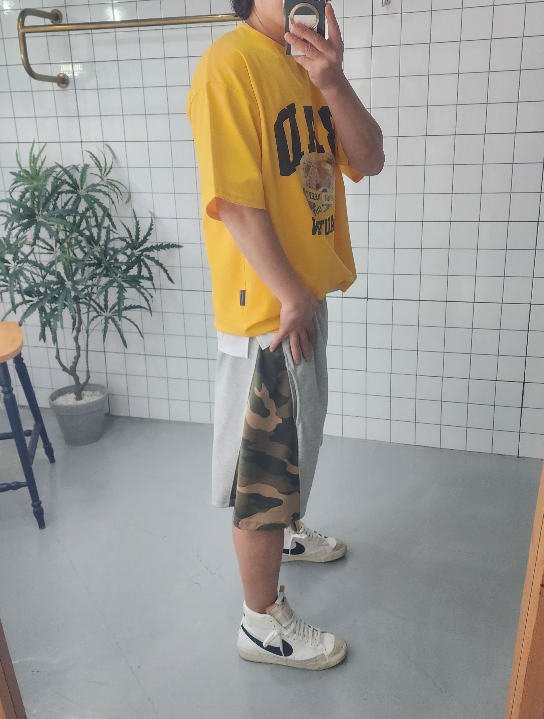 이중지 카모 배색 남자 여자 와이드 반바지 - 상세 이미지 5