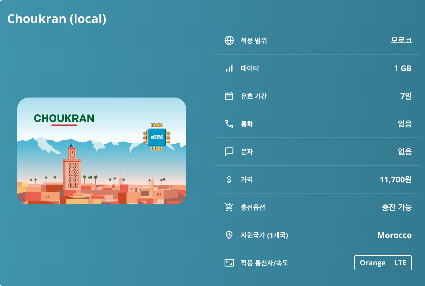 모로코 로컬망 이심 eSIM Orange LTE 마라케시 페스 카사블랑카 쉐프샤우엔 메르주가 제마 엘 프나 광장 사하라 사막 하산 2세 모스크 우다이아스 카스바 이심통 - 상세 이미지 5