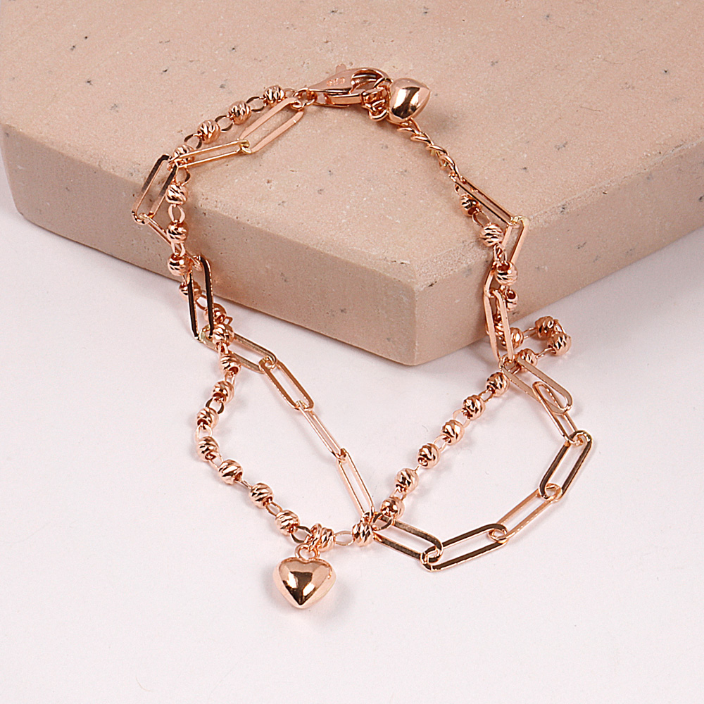 14K 18K 컷팅 볼 통통 하트 두줄 레이어드 체인 팔찌