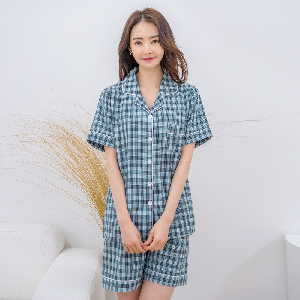 커플잠옷세트 모노 체크 카라 반팔 파자마 홈웨어 이미지 2