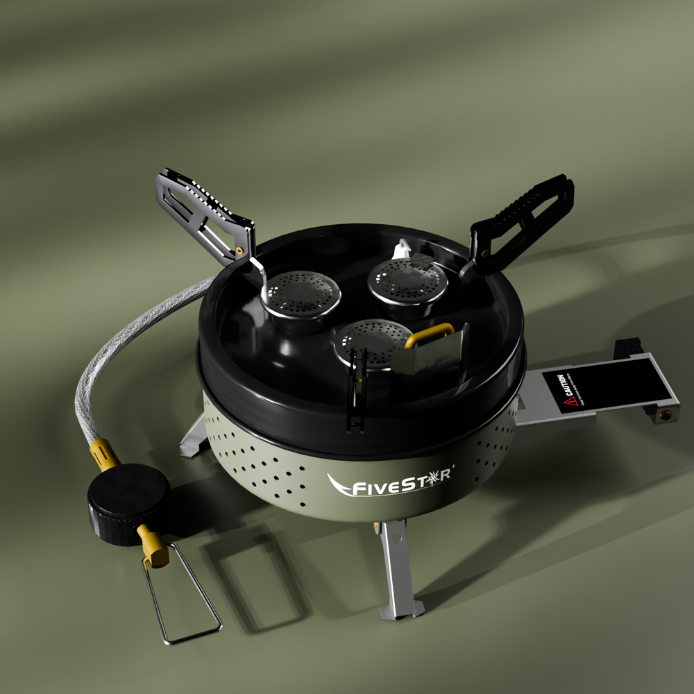 파이브스타 3구 캠핑 버너 휴대용 고화력 이소가스 호스 스토브 카키그린