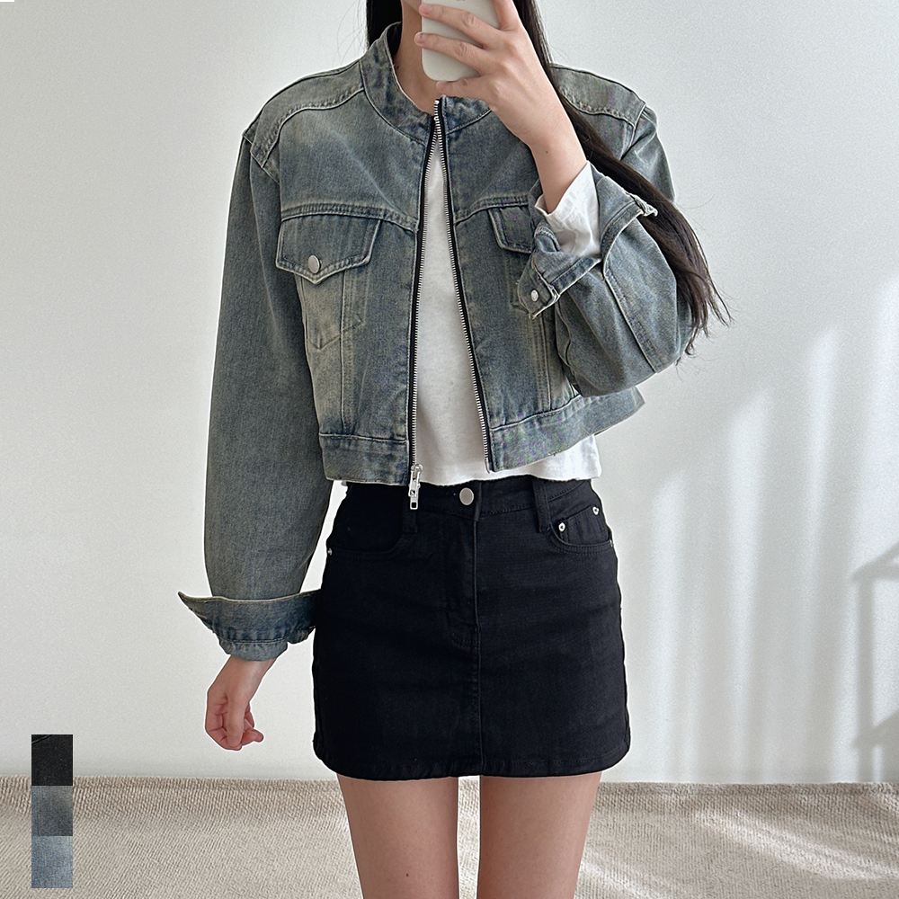 여성 크롭 청자켓 노카라 집업 투웨이 포켓 워싱 흑청 진청 연청 데님 숏 자켓 - 상품 이미지