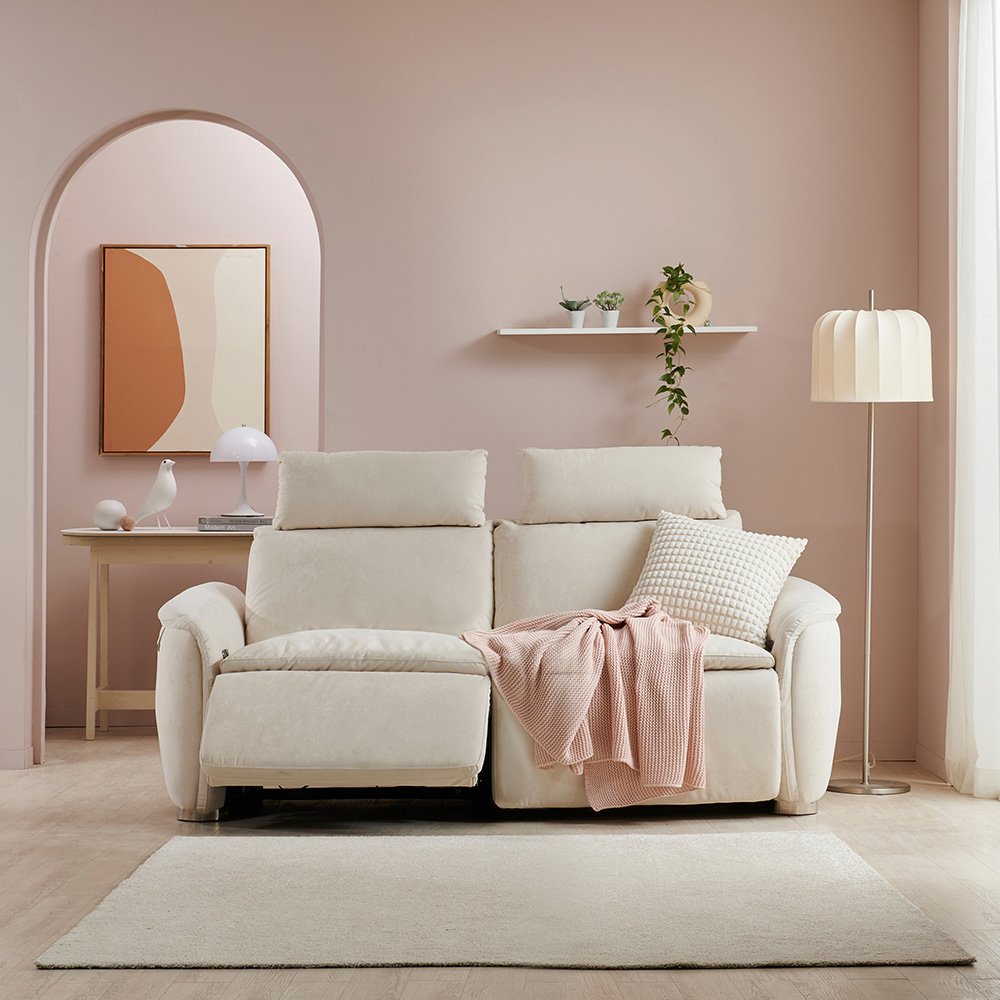 스코나 모렌 구스 세투스 아쿠아텍스 패브릭 전동 리클라이너 소파 스툴미포함, 크림베이지, 3인용