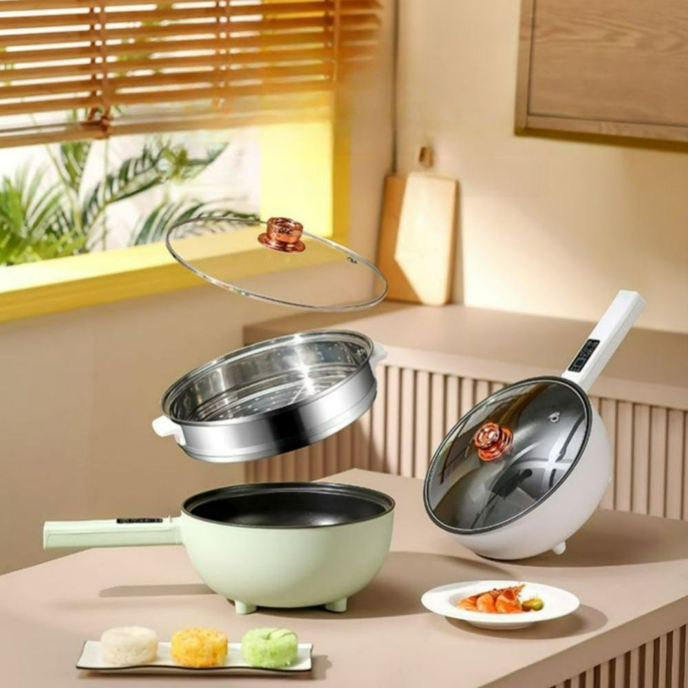 손잡이형 후라이펜 전골 자동회전롤팬 요리 찜기 구이 프라이팬 다기능 전기 쿡커 웍 화이트 3.5L 기계식 버전 1-3인용 - 상품 이미지