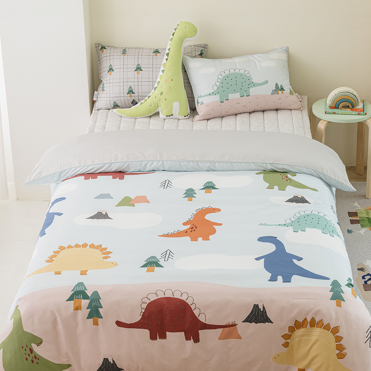 키즈 알러지 사계절 무봉제 누빔 이불커버 패드세트 디노랜드 (공룡), S.SS(싱글.슈퍼싱글겸용)