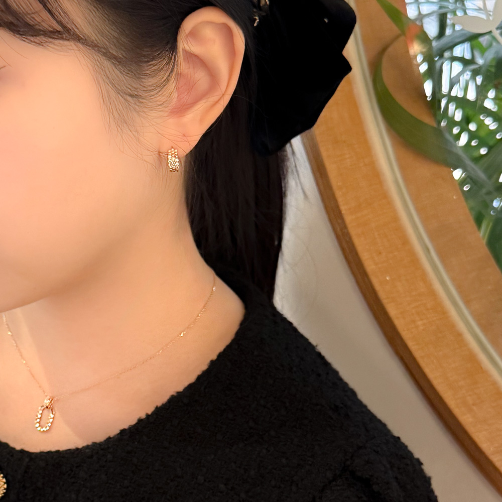 14K 18K 오블리크 세줄 큐빅 볼 원터치 링 귀걸이 데일리 - 상세 이미지 2